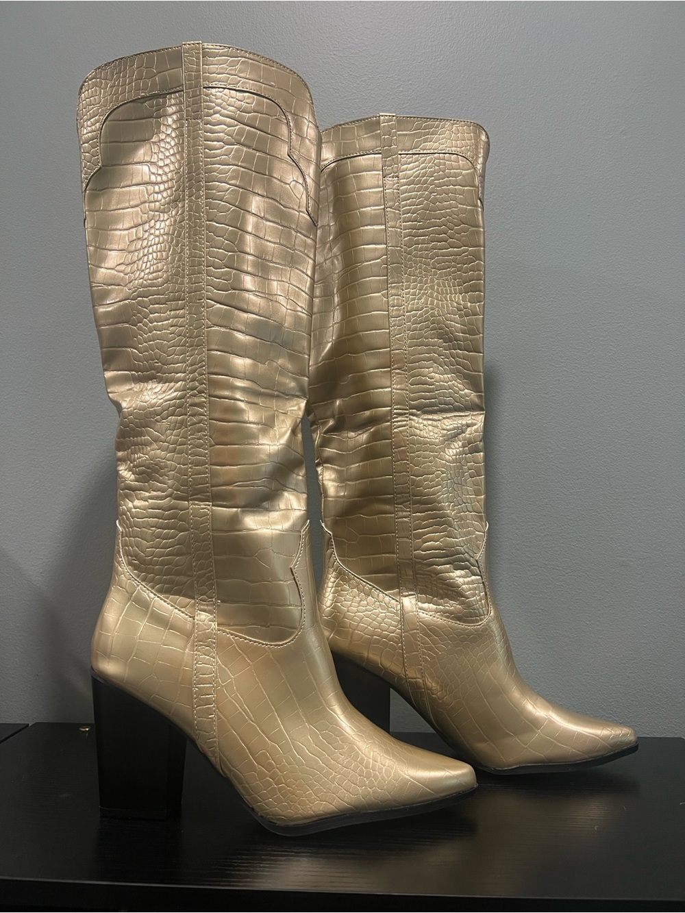 Nasty Gal Gold Metallic Croc Knee High Cowboy Boots – US 10